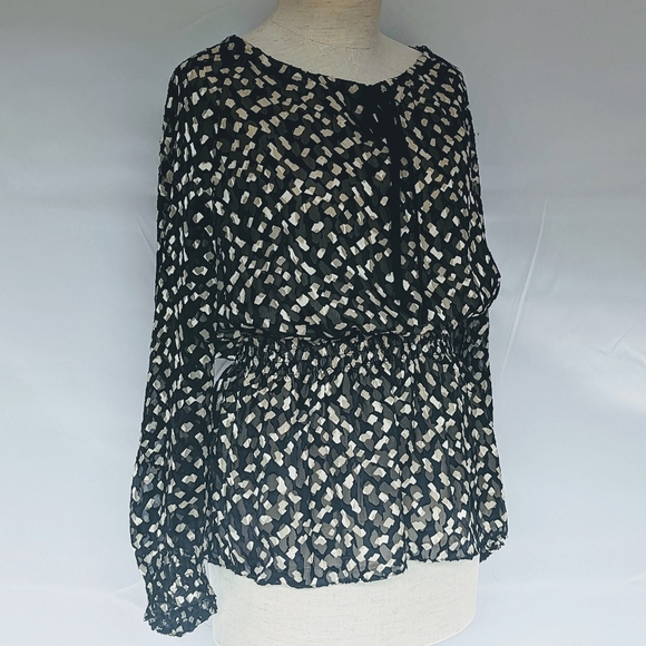 Theory Blouse Top Silk Blend Tie Neckline Gathered Waist Long Sleeve Black L NWT - Picture 3 of 14